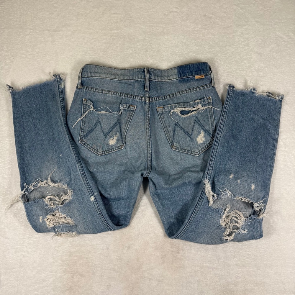 Mother Superior The Dazzler Shift Jeans 25 Light Wash Distressed Ripped Raw Hem